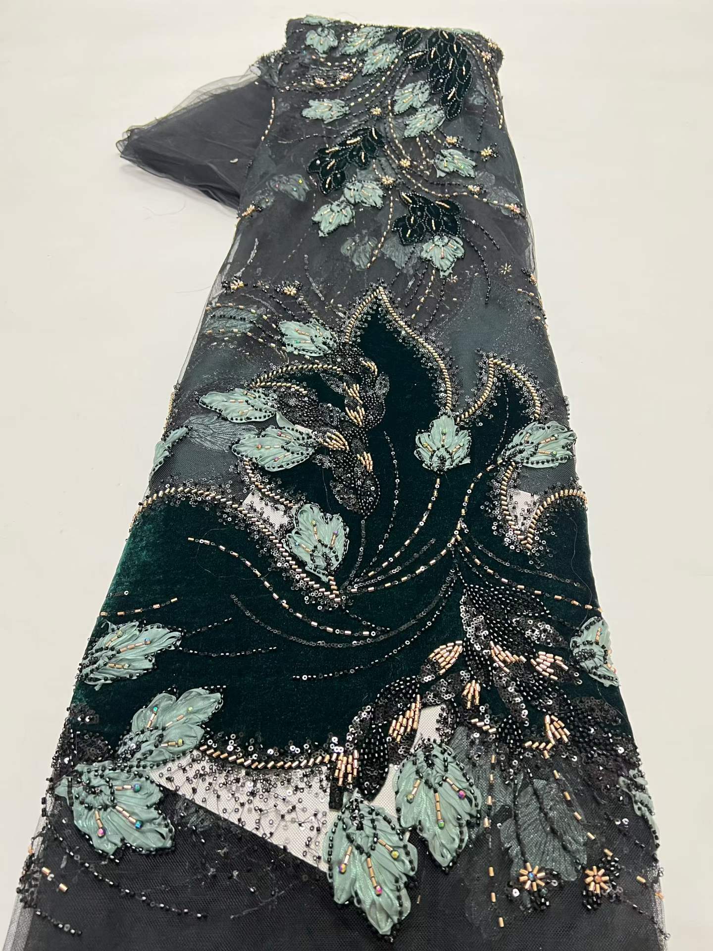 Velvet Fabric Embroidery - Yeşil Yeni Stil Afrika Kadife Nakışlı