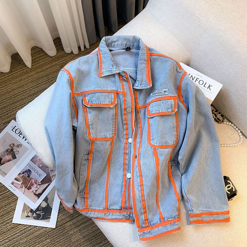 Embroidery Jacket Jeans - Retro Kadın Çizgili Graffiti Kontrast Renk
