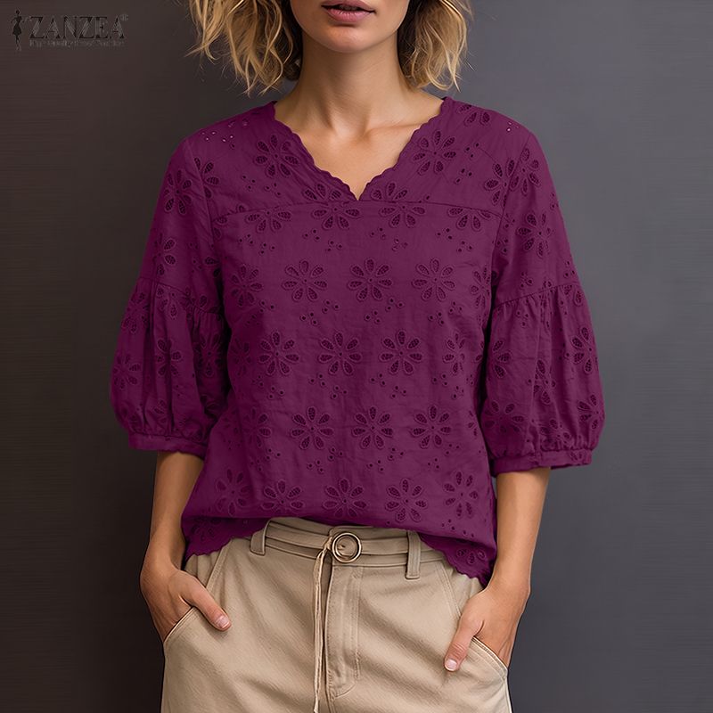 Embroidery Eyelet - ZANZEA 2026 Kuşgözü Nakışlı Bluzlar Kadın