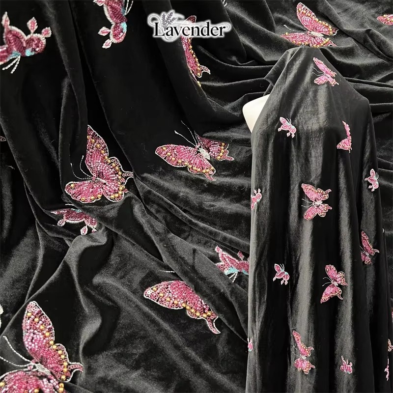 Velvet Fabric Embroidery - Siyah yumuşak kadife kumaş boncuklu nakışlı