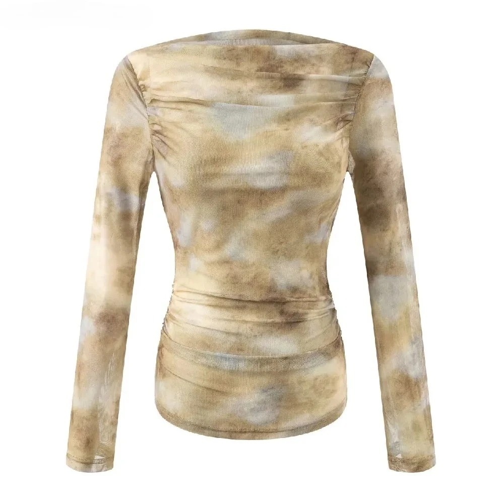 Embroidery Origin - 2025 Seksi Tie-Dye Baskılı Büzgülü Omuzlu