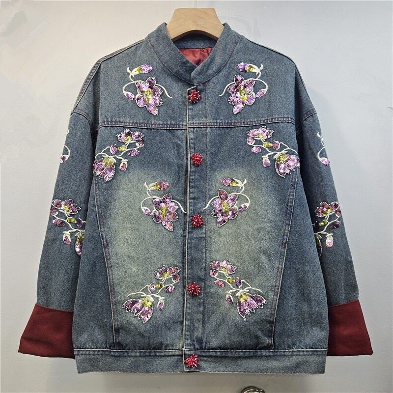 Embroidery Jacket Jeans - Ağır İşlemeli Pul Çiçek Nakışlı Kontrast