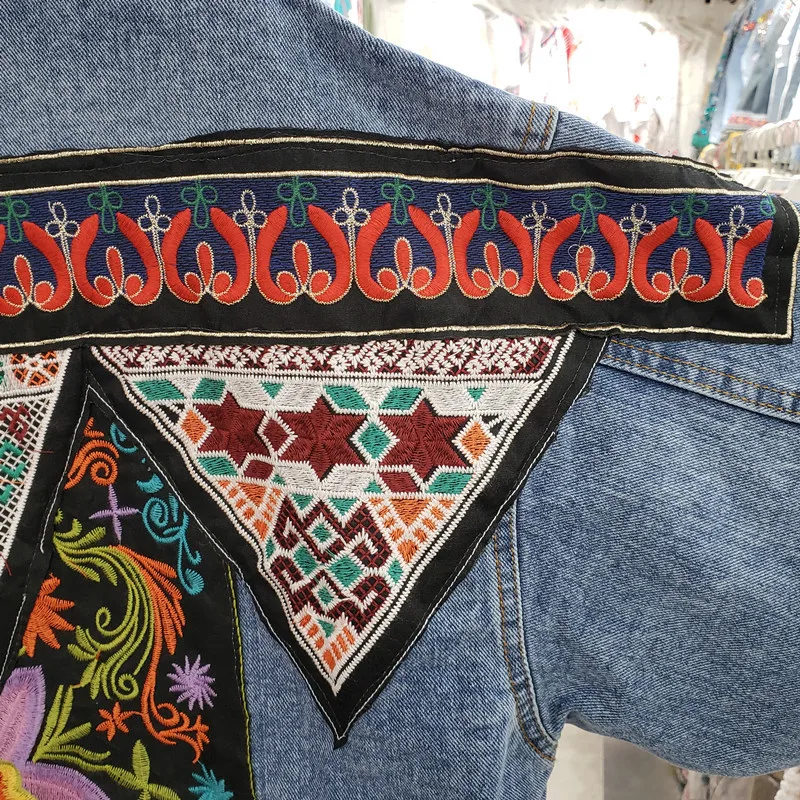 Embroidery Jacket Jeans - Vintage Mavi Nakış Payetler Püsküller Denim