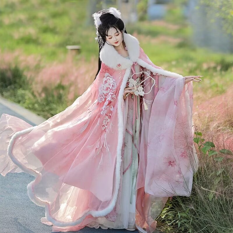Embroidery Xmas - Pembe ve Kırmızı Hanfu Pelerin Elbise